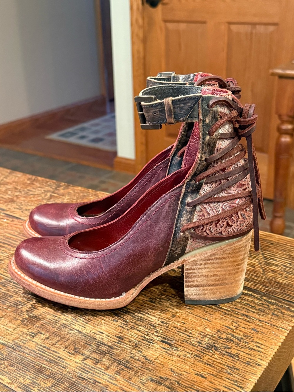 Freebird by Steven Raeanne Burgundy Leather Ankle-Strap Block Heels - Picture 2 of 10